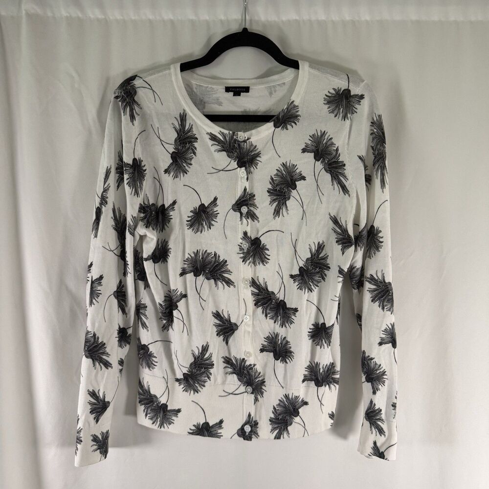Talbots Cardigan Women's Medium White Black Floral Button Up Long Sleeve Knit